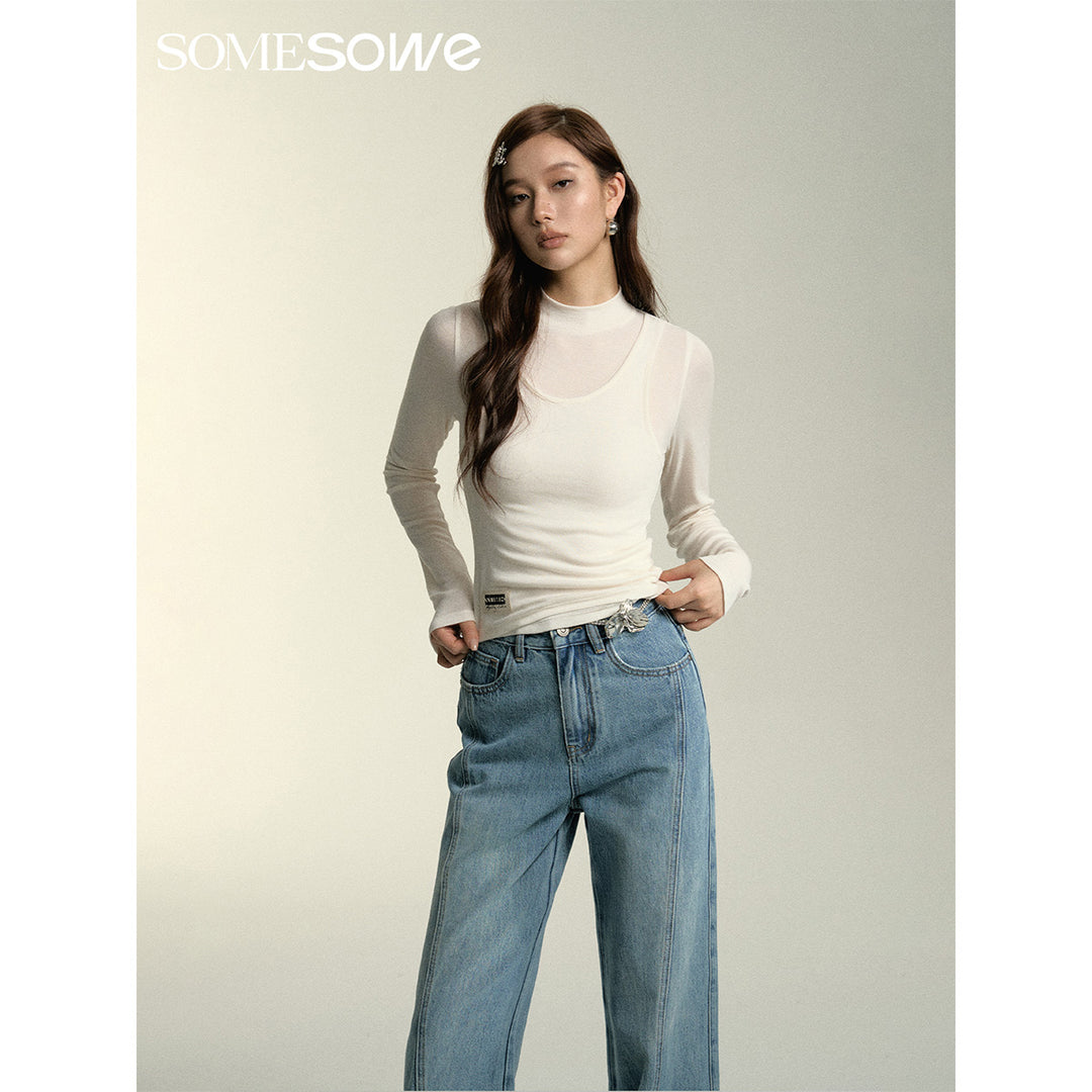 SomeSowe Turtleneck Fake-2-Piece Slim Woolen Top White - Mores Studio