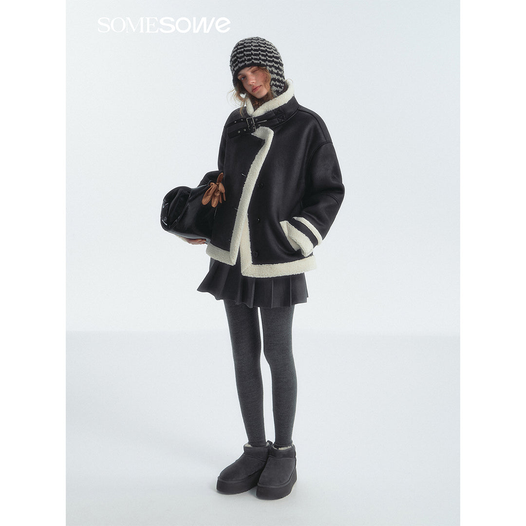 SomeSowe Leather Integrated Furry Locomotive Jacket Black