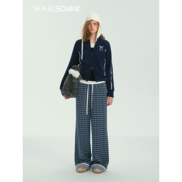 SomeSowe Plaid Drawstring Wide-Leg Pants Blue