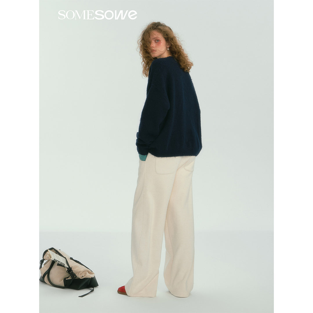 SomeSowe Contrast Color Drawstring Wide-Leg Pants White