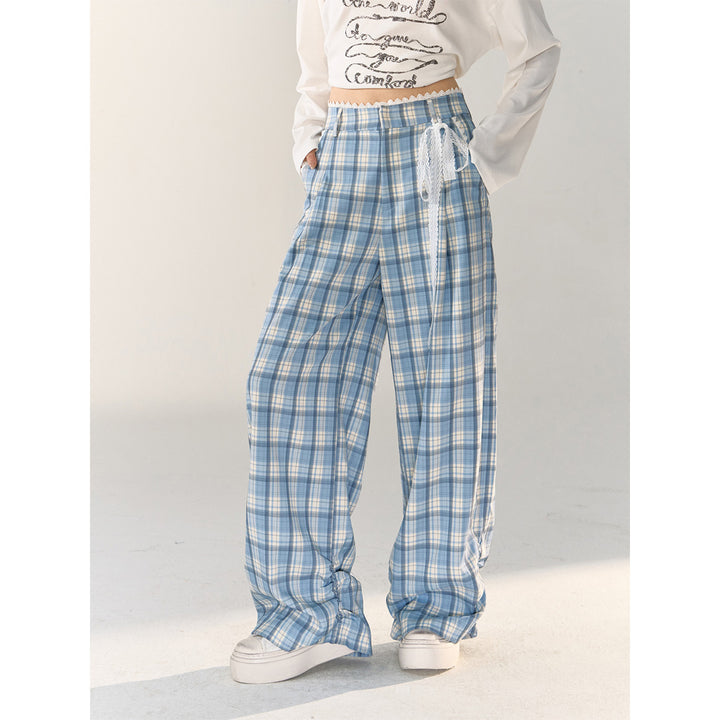 AsGony Lace Edge Plaid Casual Straight-Leg Pants Blue