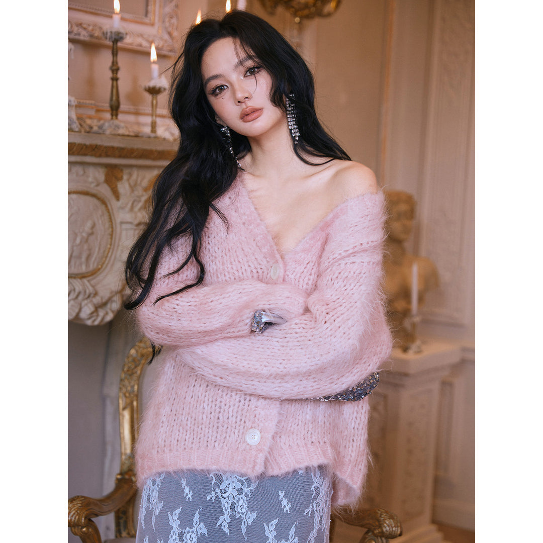 Rocha Roma Mohair V-Neck Knitted Cardigan Pink