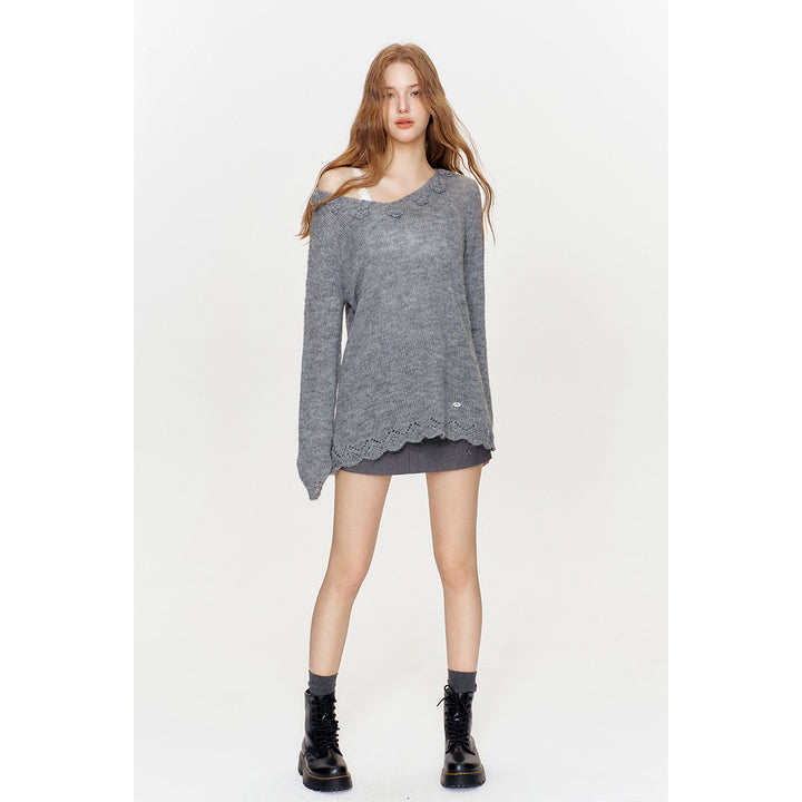 Kroche Hand Crochet Hollow Out V-Neck Knit Top Gray