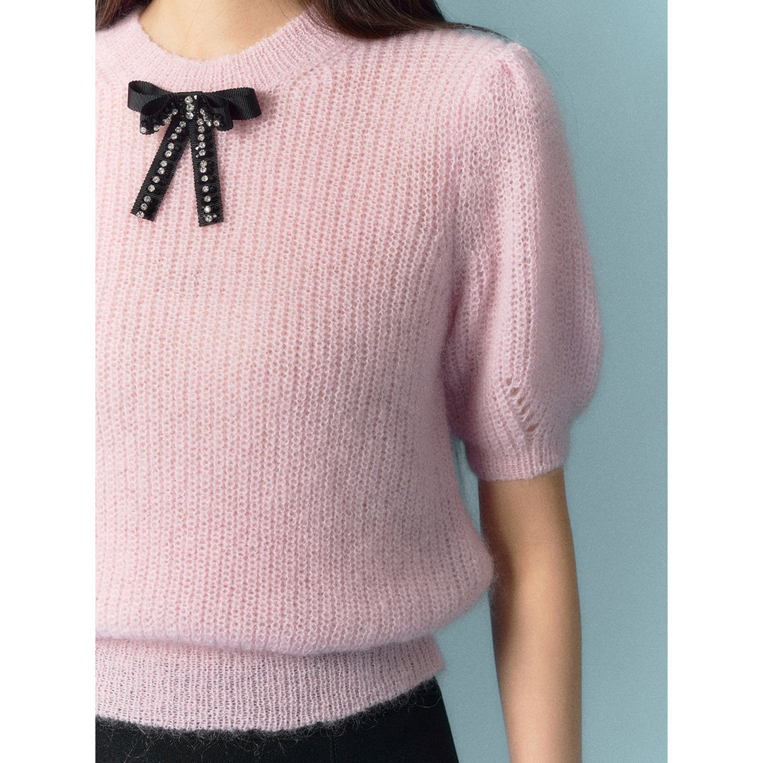 AsGony Bow Knot Short Sleeved Knit Top Pink