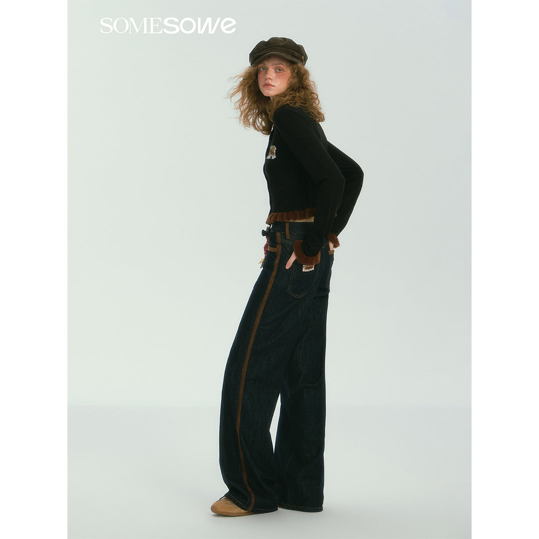 SomeSowe Suede Patchwork Wide-Leg Jeans Dark Blue