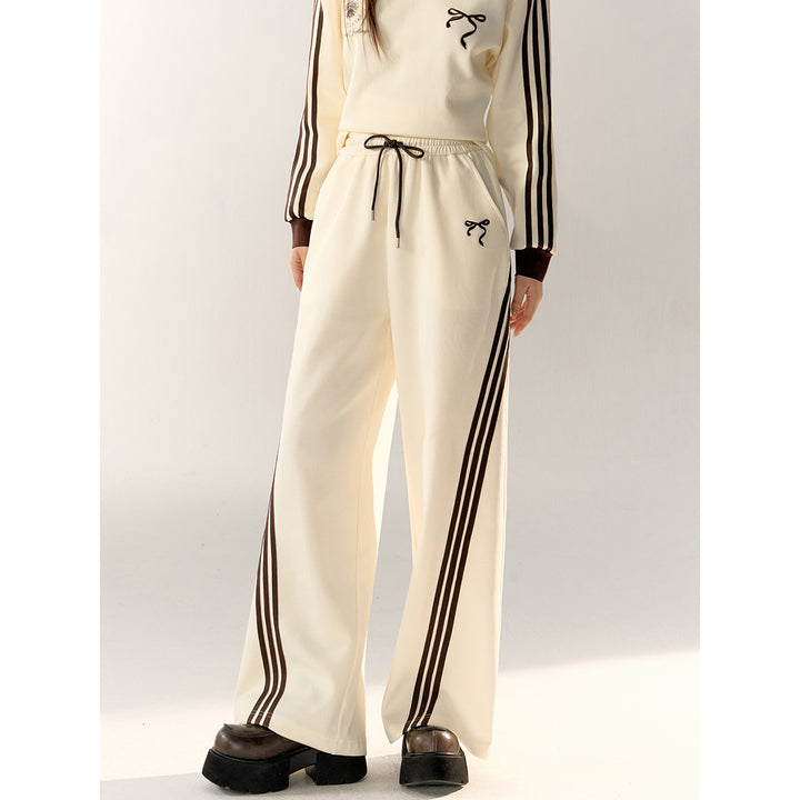 AsGony Contrast Color Bow Tie Striped Casual Pants Beige