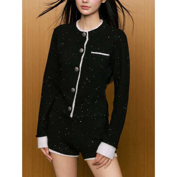 AGAM Fake-2-Piece Sequin Knit Cardigan Black