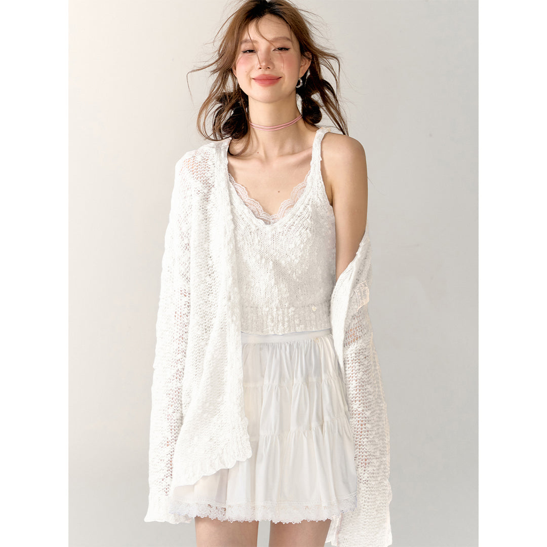 AsGony Lace Patchwork Knit Cardigan White