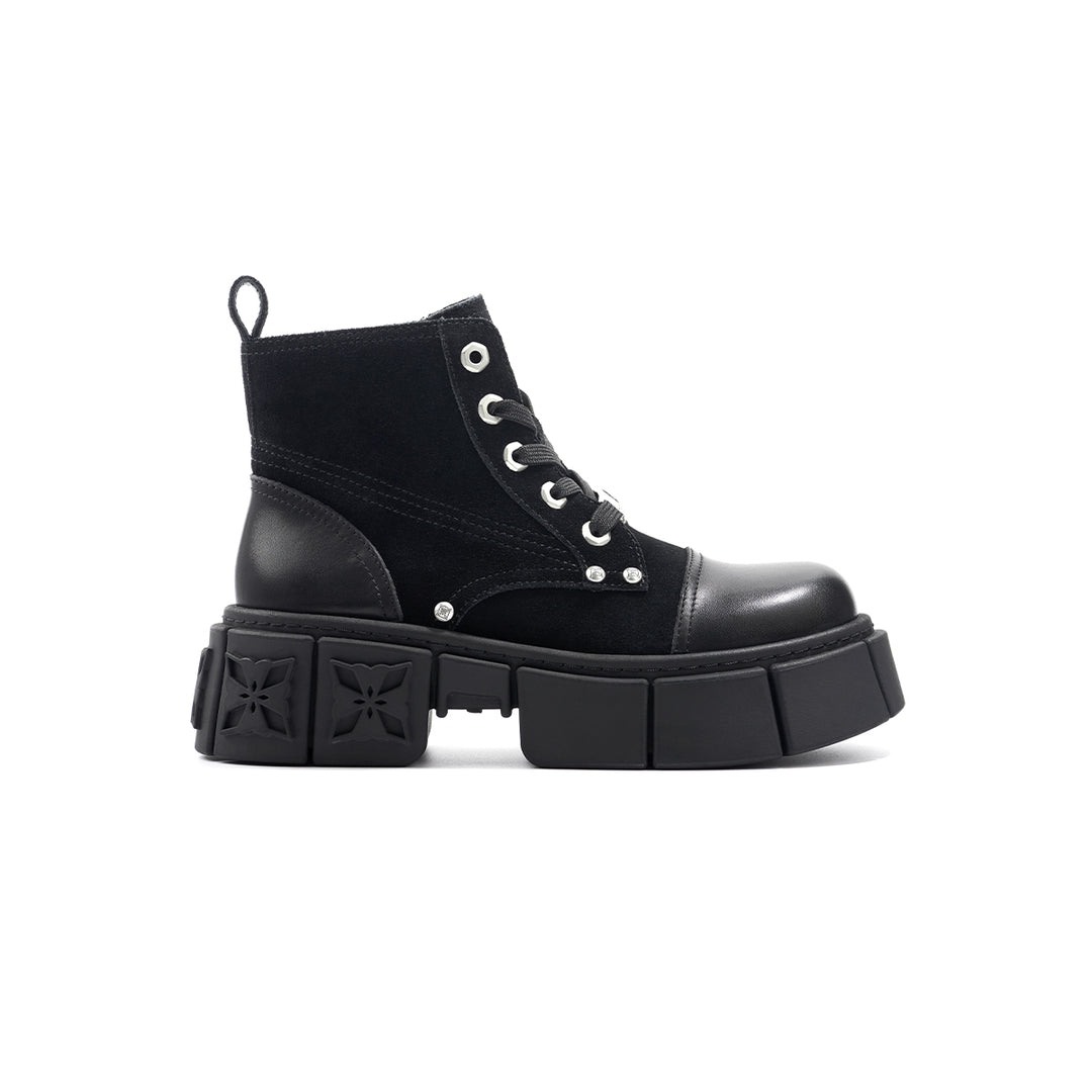 Trapar Waves Thick-Soled Logo Casual Leather Boots Black