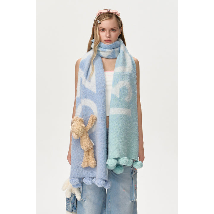 13De Marzo Plush Bear Gradient Knit Scarf Blue