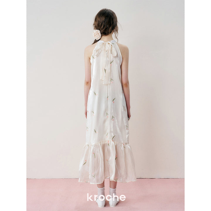 Kroche Tulip Embroidered Organza Halter Dress