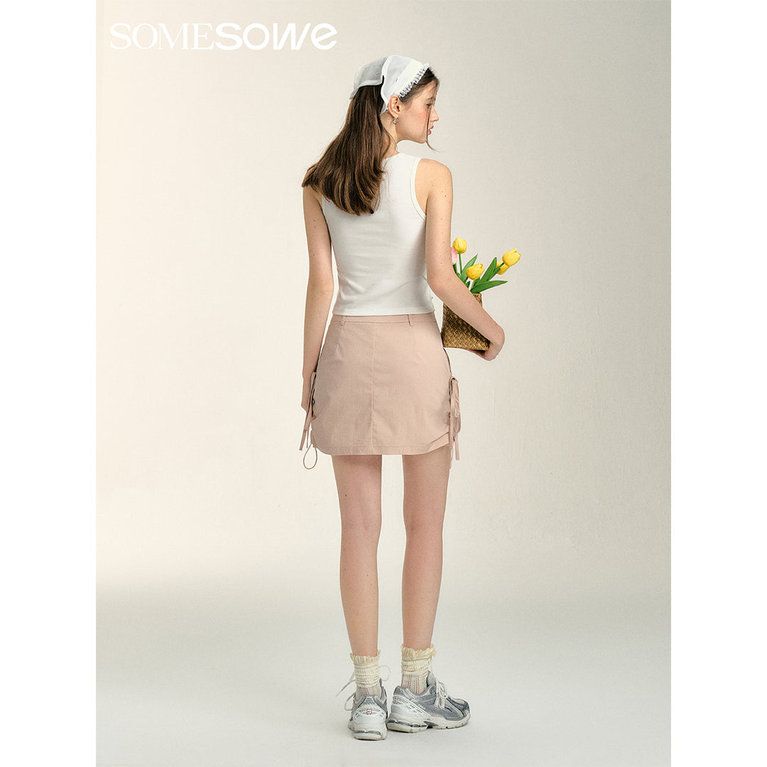 SomeSowe Bow Drawstring Cargo Skirt Pink