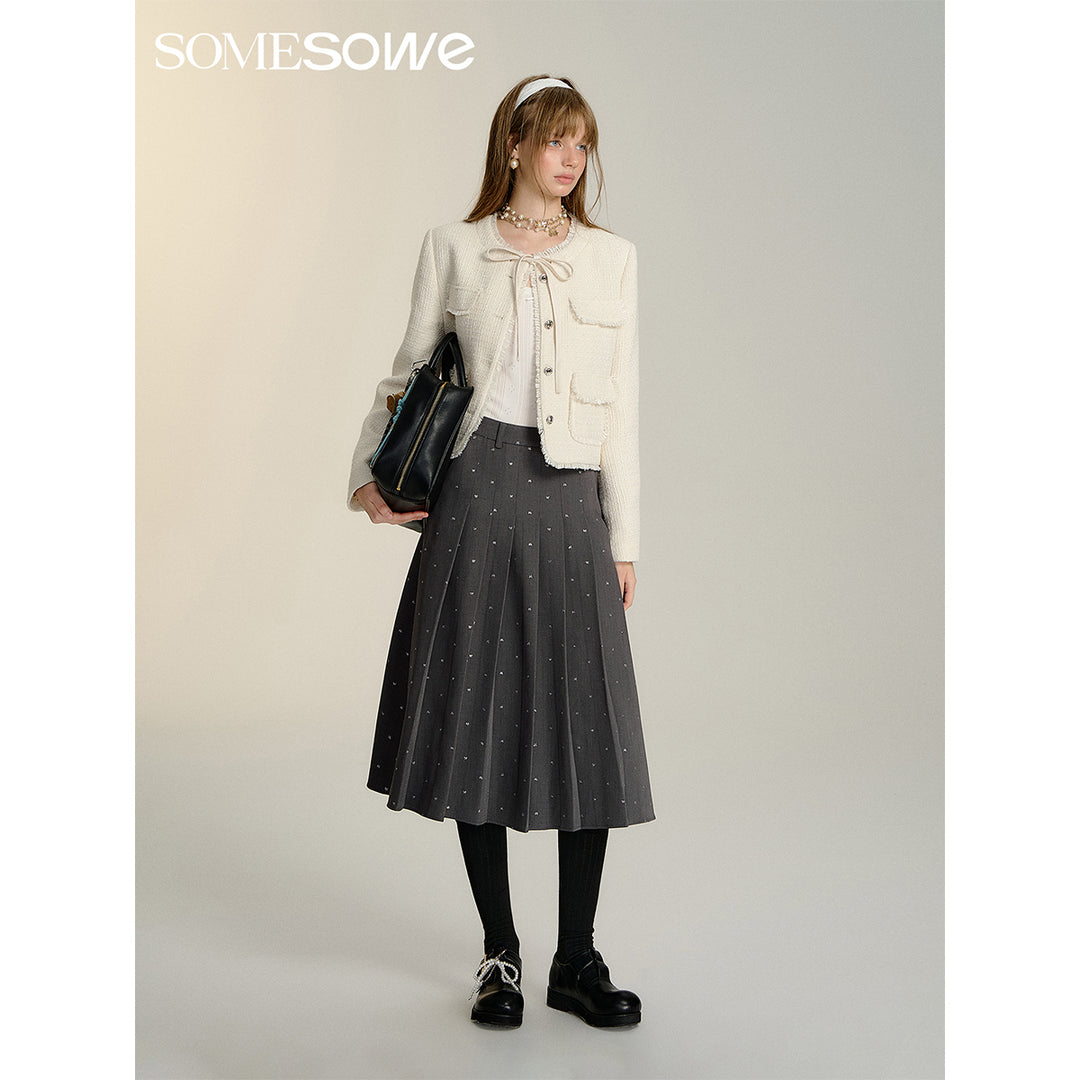 SomeSowe Bow Sequin Pleated Long Skirt Gray