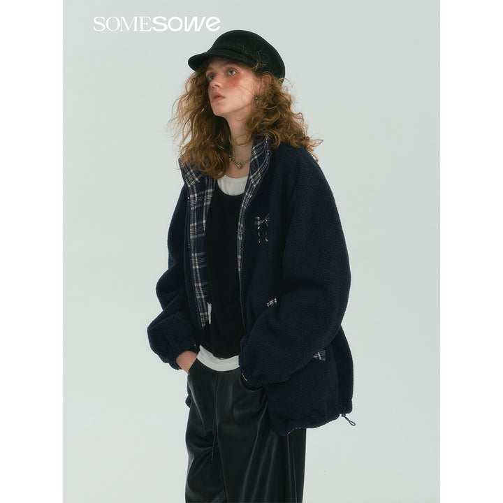 SomeSowe Reversible Plaid Fleece Jacket Navy Blue