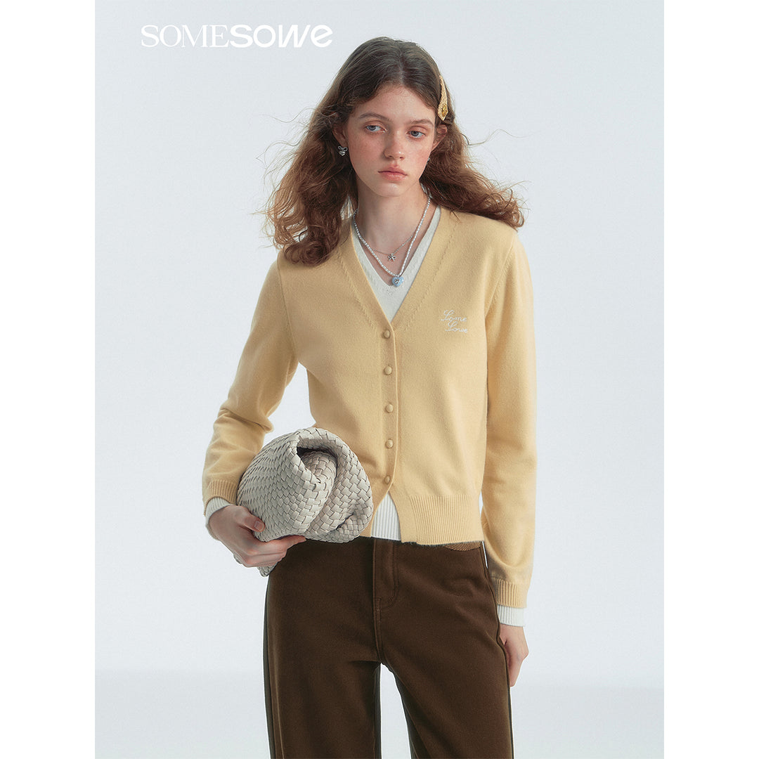 SomeSowe Fake-2-Piece V-Neck Knit Cardigan Yellow