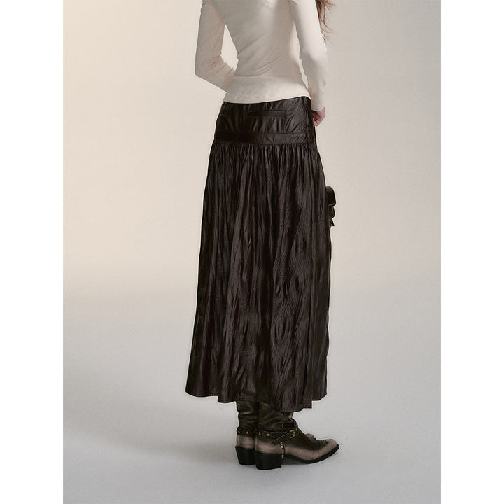 Via Pitti Rivet PU Leather Pleated Long Skirt Brown