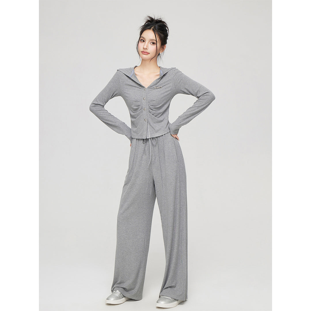 MacyMccoy Pleated Draped Knit Short Top And Wide-Leg Pants Set Gray