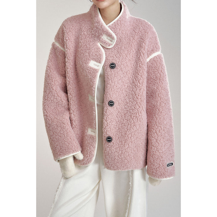 MacyMccoy Patchwork Leather Fleece Jacket Pink