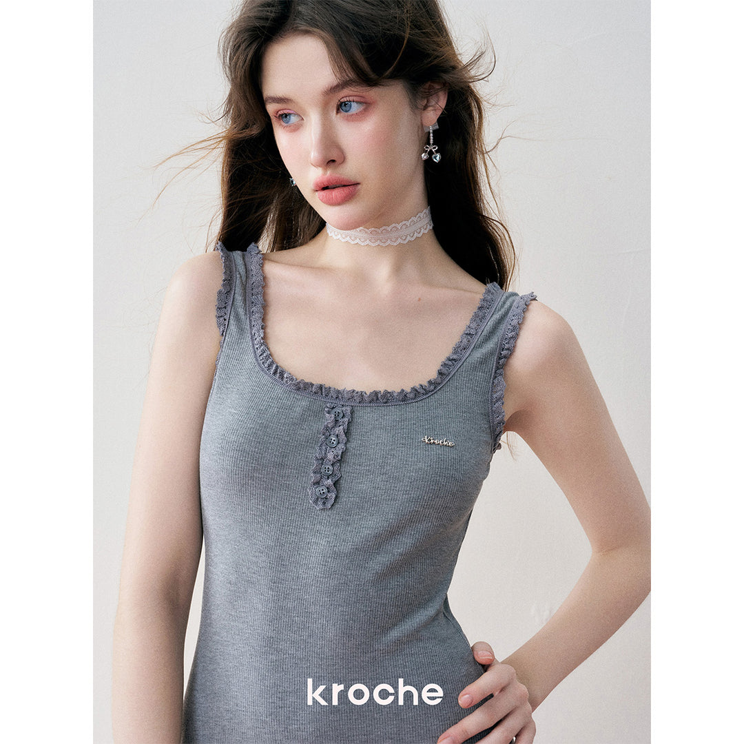 Kroche Lace Knit Sling Long Dress Gray