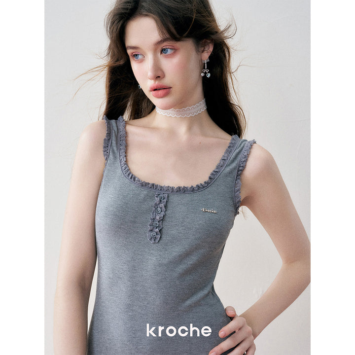 Kroche Lace Knit Sling Long Dress Gray