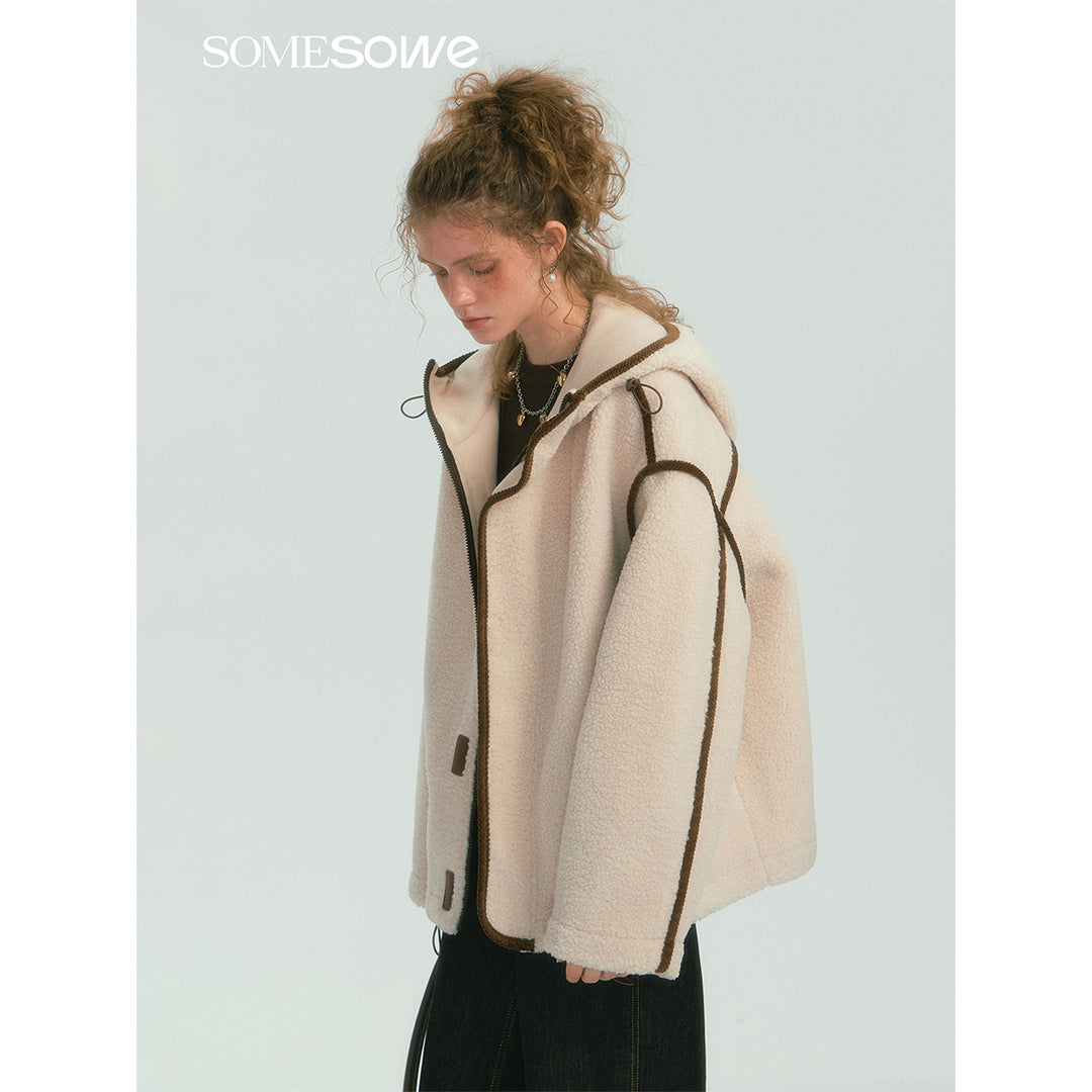 SomeSowe Contrast Color Edge Fleece Hooded Jacket Beige