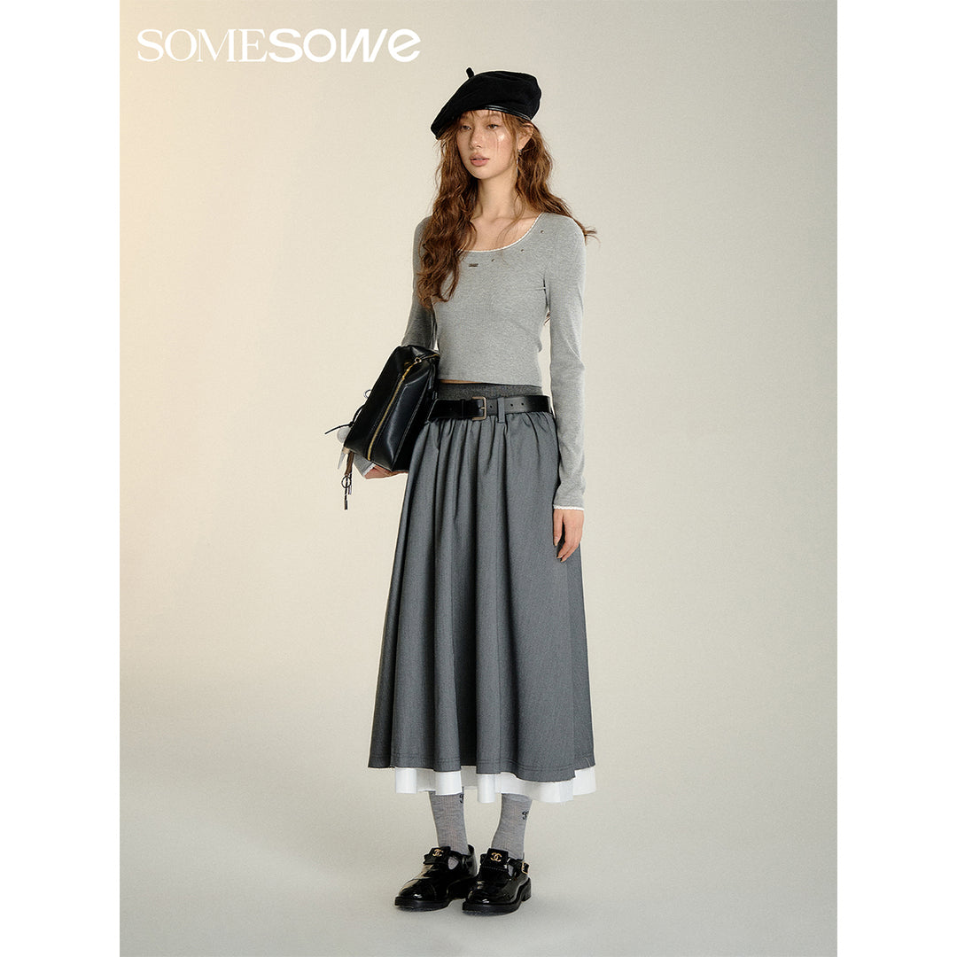 SomeSowe Fake-2-Piece Pleated Elastic-Waist Skirt