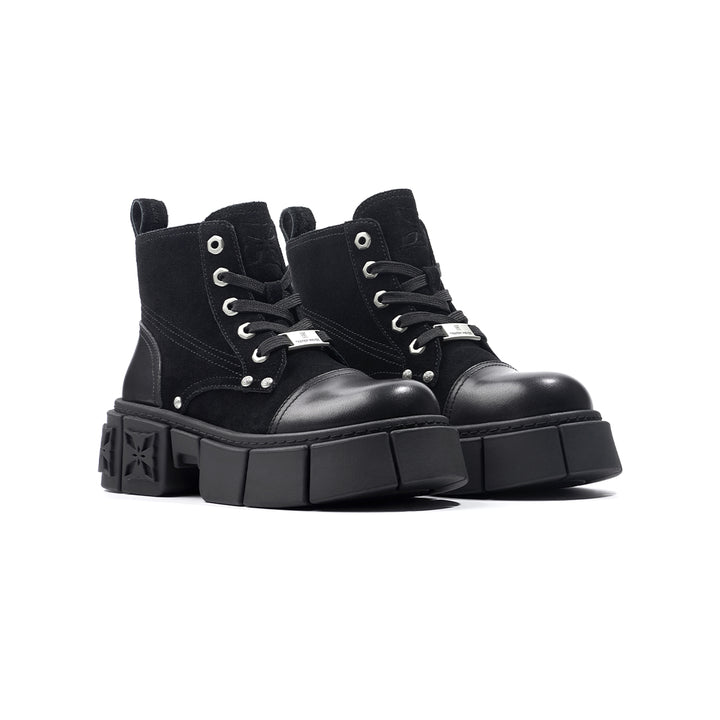 Trapar Waves Thick-Soled Logo Casual Leather Boots Black