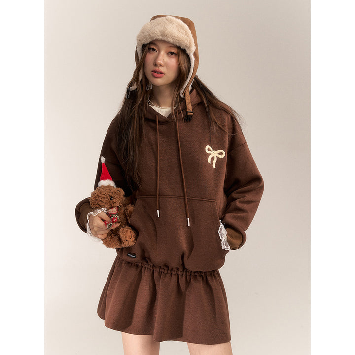 AsGony Bow Tie Hooded Waisting Sweat Dress Brown