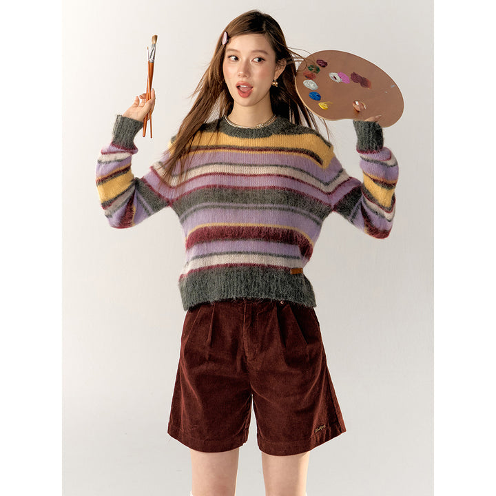 AsGony Contrast Color Striped Knit Sweater Purple