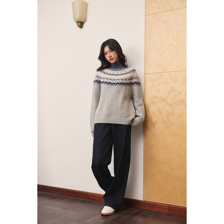 Three Quarters Fair Isle Jacquard Color Contrast High Collar Sweater Gray