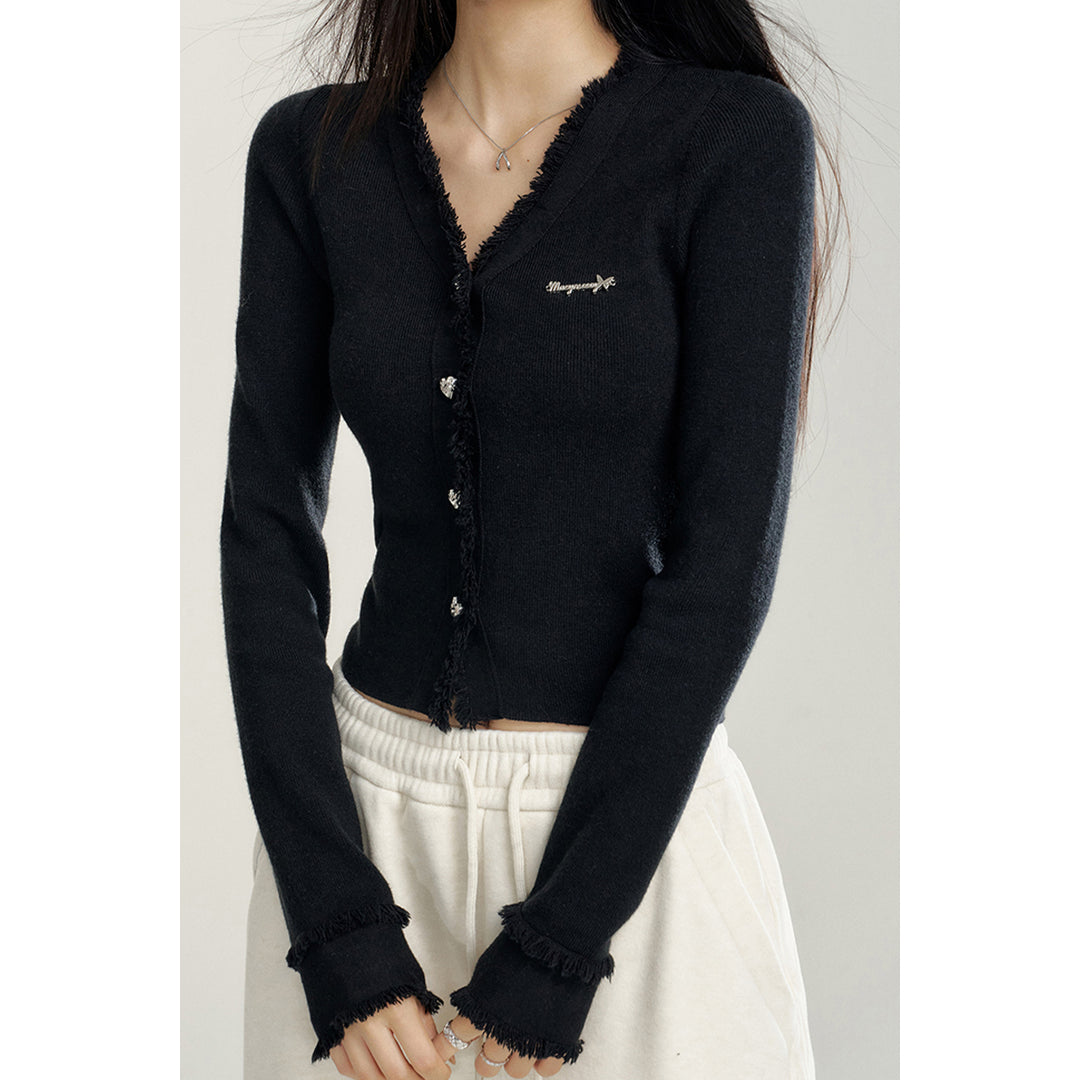 MacyMccoy V-Neck Raw Edge Slim Knit Cardigan Top Black