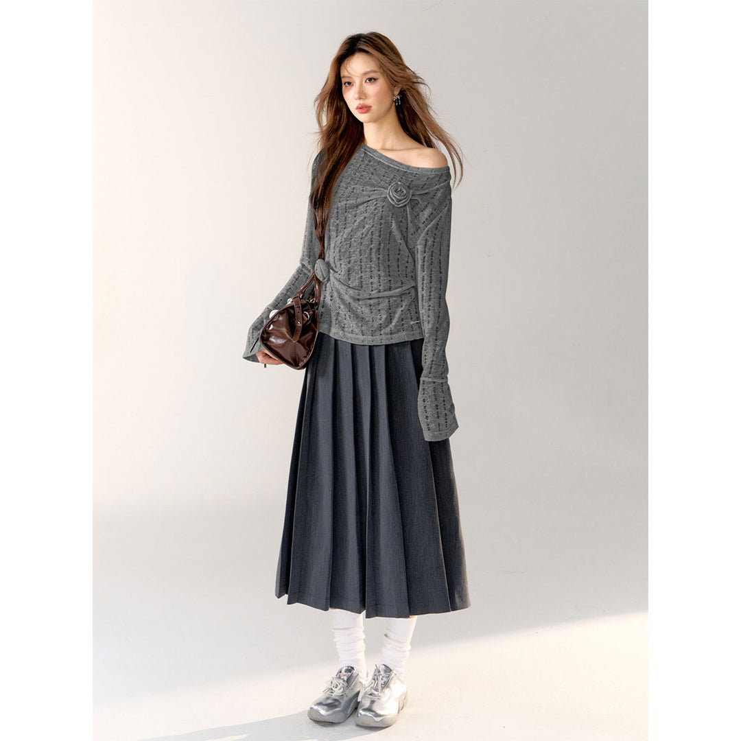 AsGony 3D Flower Hollow Cutting Knit Top Gray