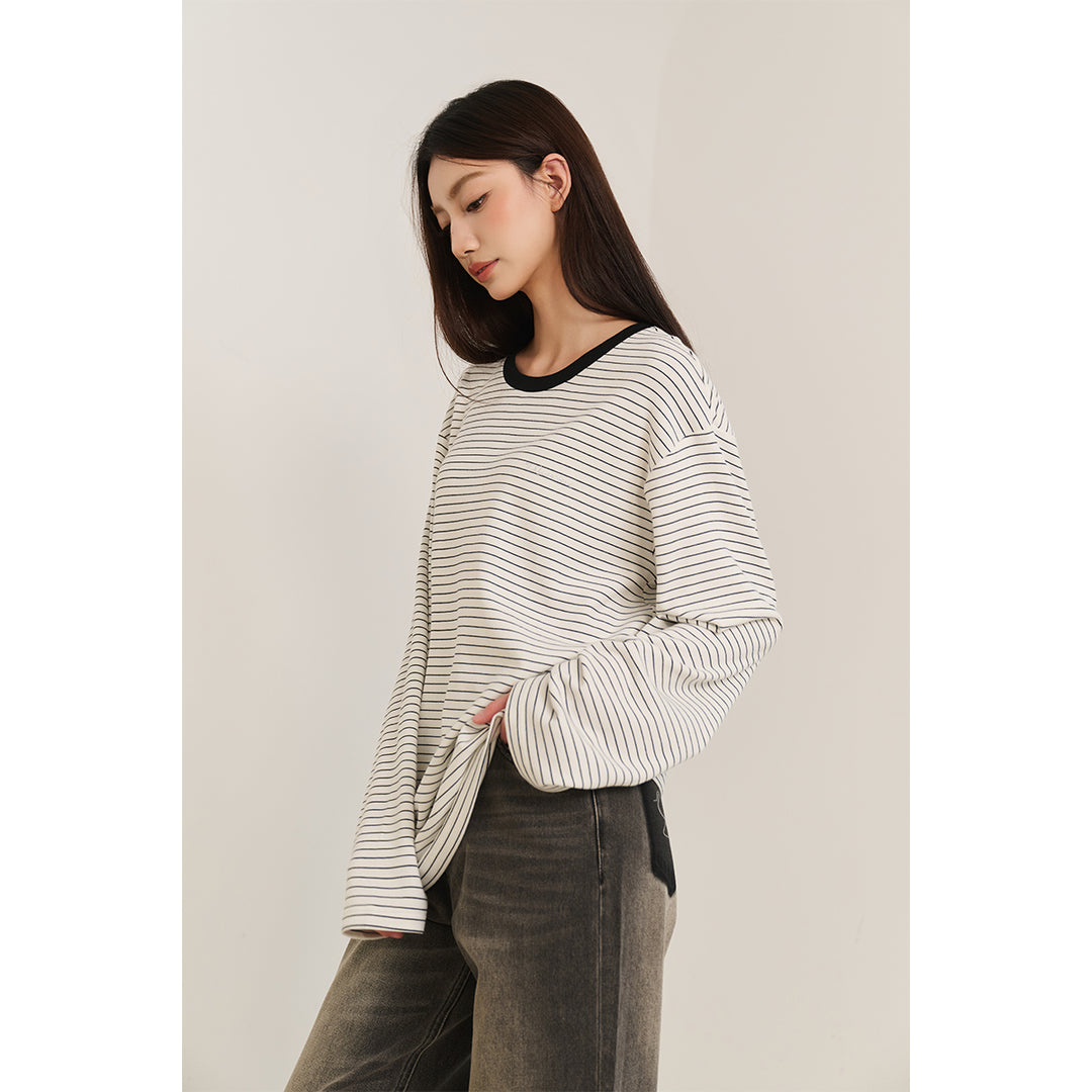 Three Quarters Hotfix Logo Striped Mousse Cashmere L/S Tee White