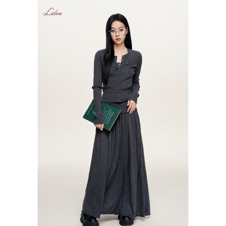 Liilou Draped Elastic-Waist Woolen A-Line Long Skirt Dark Gray