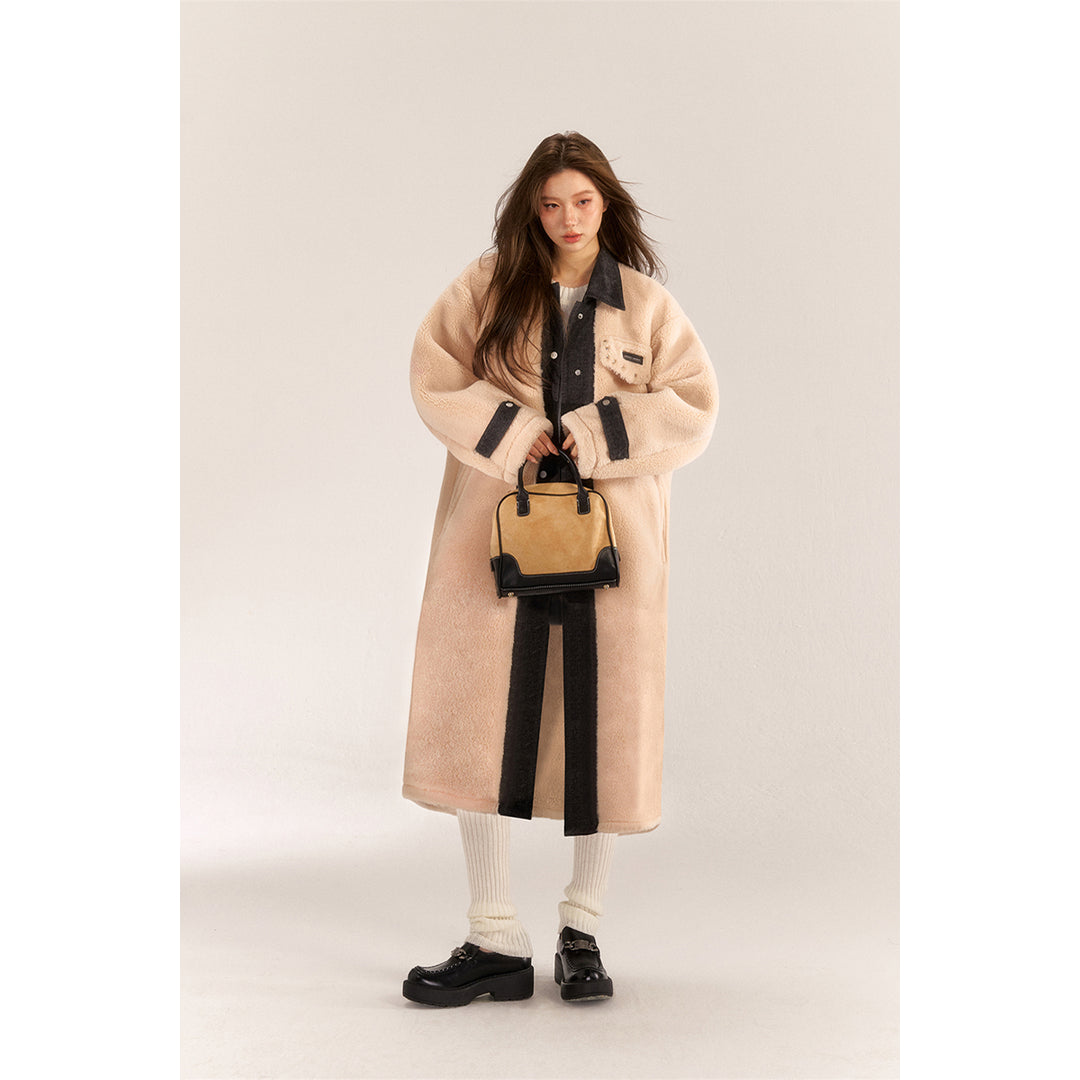 AsGony Fake-2-Piece Denim Patchwork Fleece Long Coat Beige