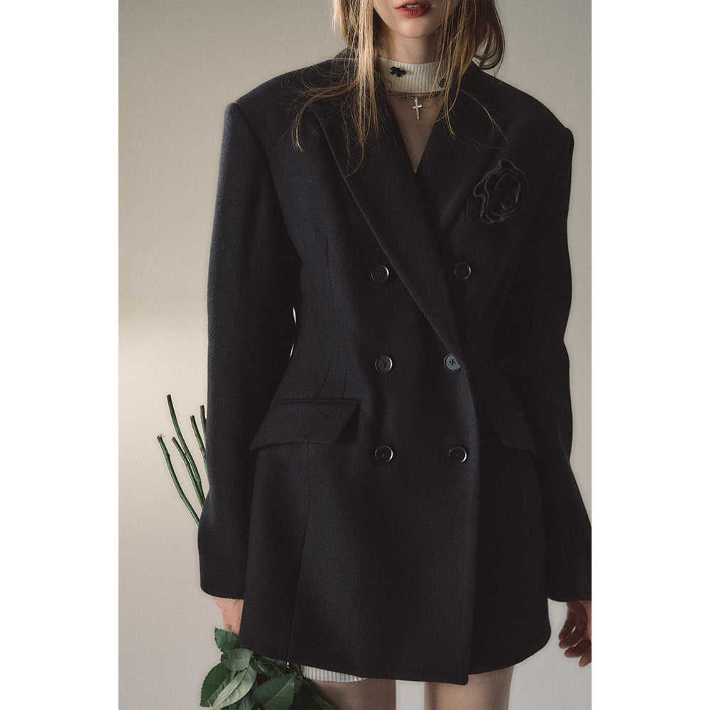 Via Pitti Double-Breasted Woolen Coat Black - Mores Studio