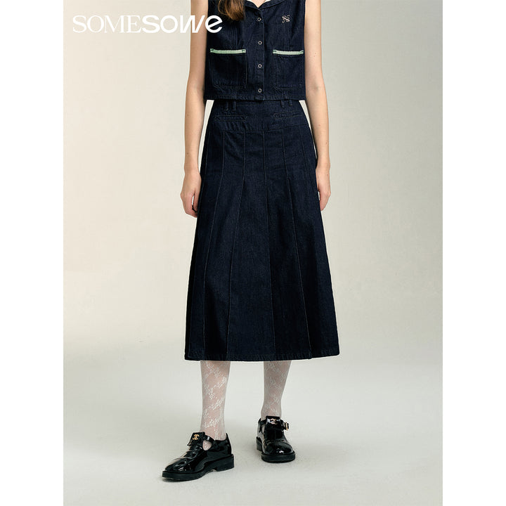 SomeSowe Pleated Denim Long Skirt Navy Blue