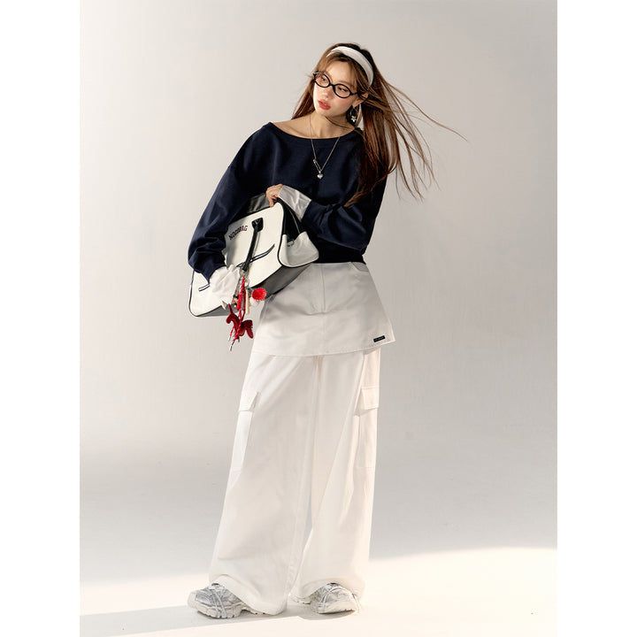 AsGony Fake-2-Piece Wide-Leg Casual Cargo Pants White