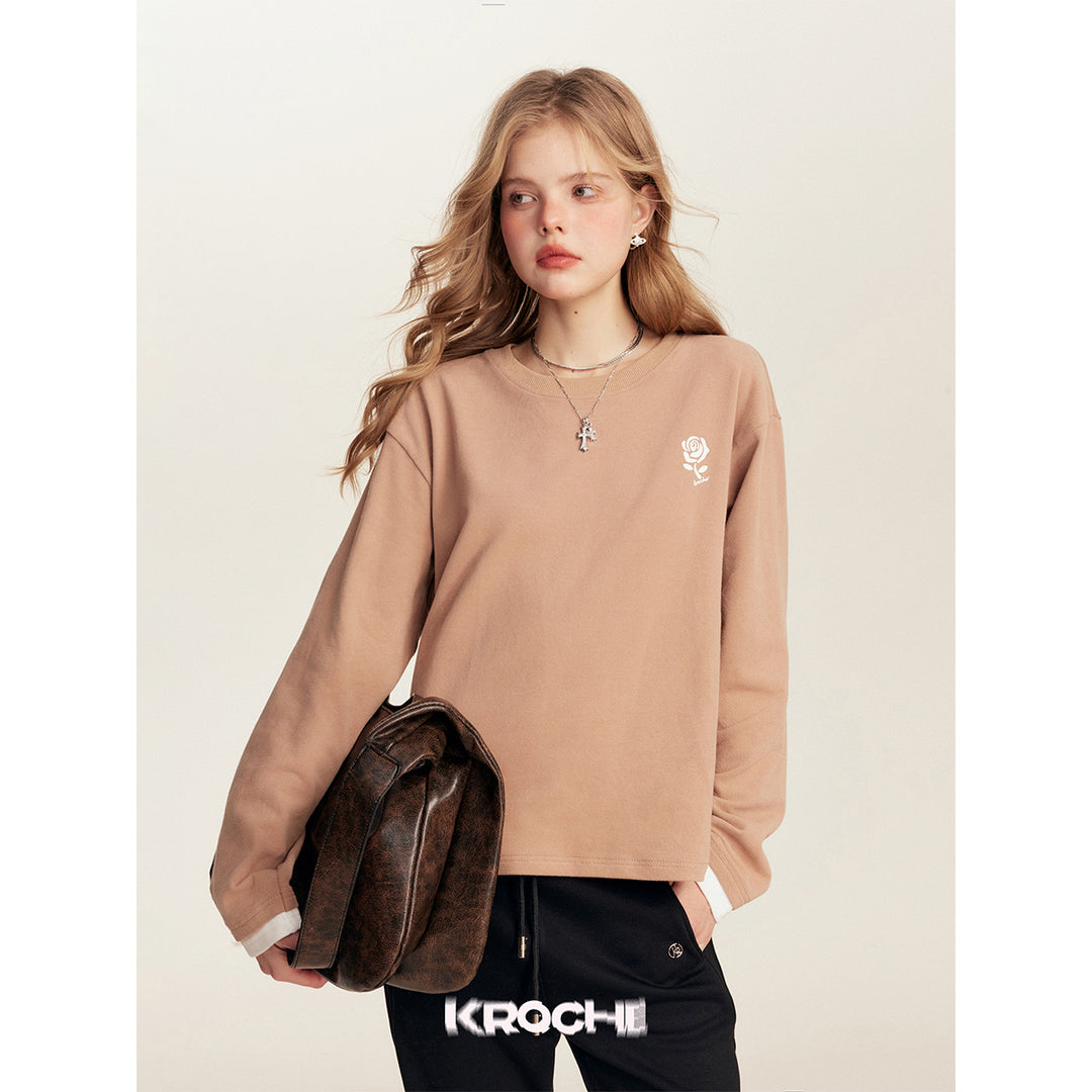 Kroche Color Blocked Rose Embroidery Top Khaki