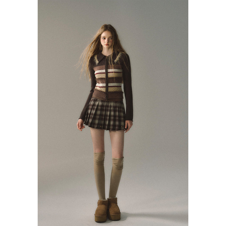 Via Pitti Fluffy Colour Striped Zip Up Woollen Top Brown - Mores Studio
