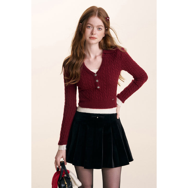 Kroche Fake-2-Piece Lapel V-Neck Knit Top Red