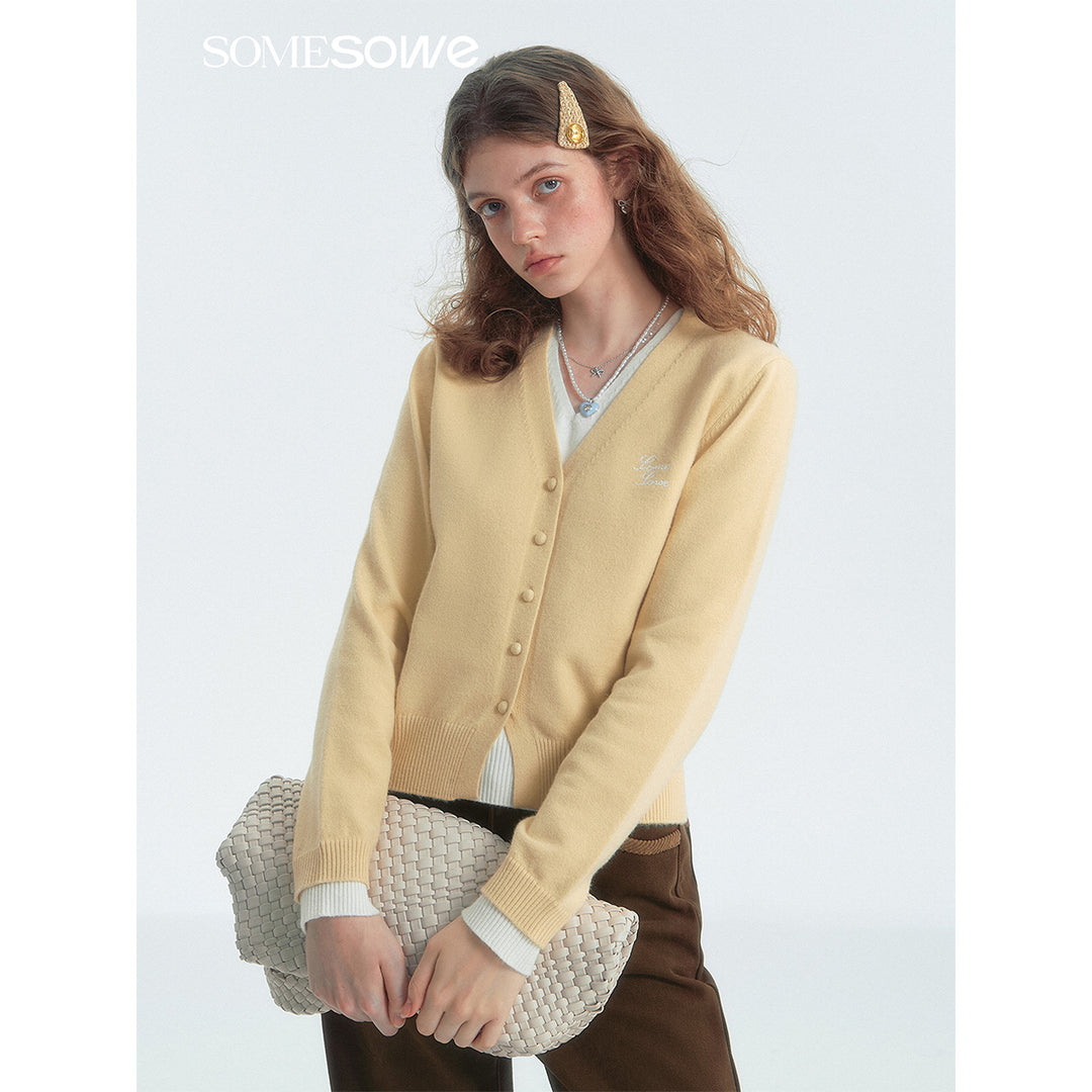 SomeSowe Fake-2-Piece V-Neck Knit Cardigan Yellow