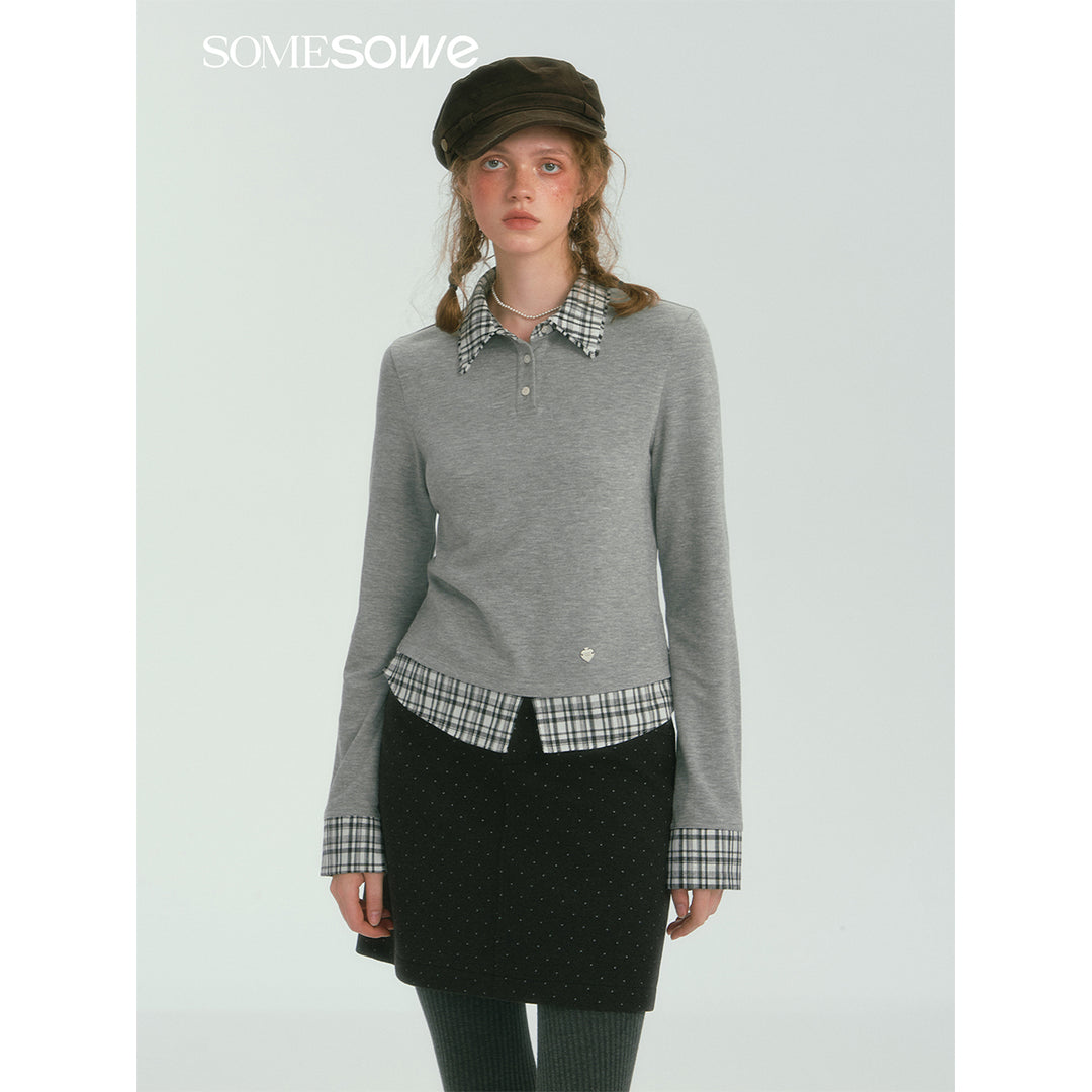 SomeSowe Plaid Patchwork Long Sleeve Polo Top Gray