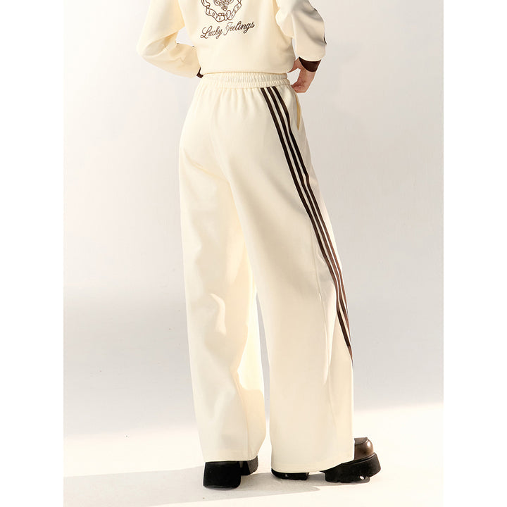 AsGony Contrast Color Bow Tie Striped Casual Pants Beige