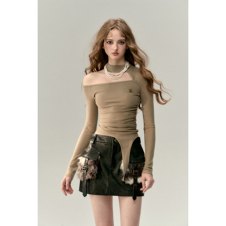 Via Pitti Chocker Neck Cut Out Asymmetrical Top Khaki - Mores Studio