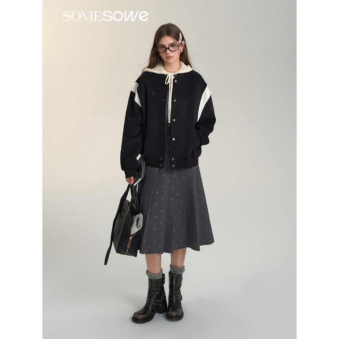 SomeSowe Leather Patchwork Woolen Jacket Black