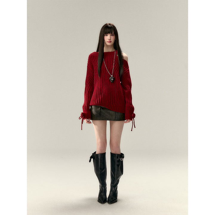 Via Pitti Rose Bow Irregular Collar Two-Way Sweater Red