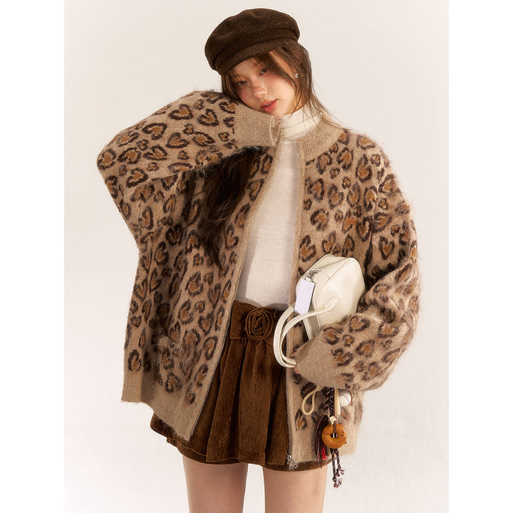 AsGony Blended Woolen Retro Leopard Knit Cardigan Brown