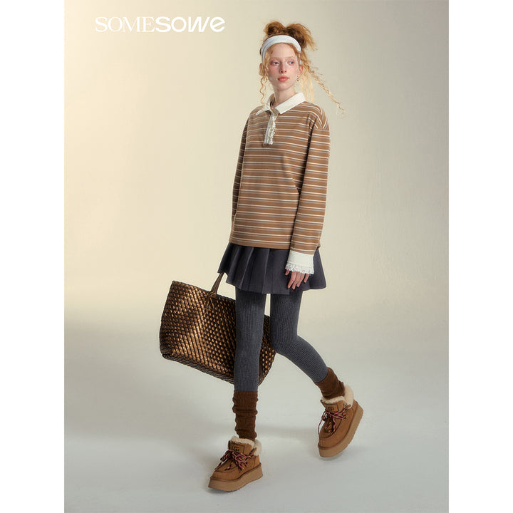 SomeSowe Lace Edge Striped Long Sleeve Polo Top Brown