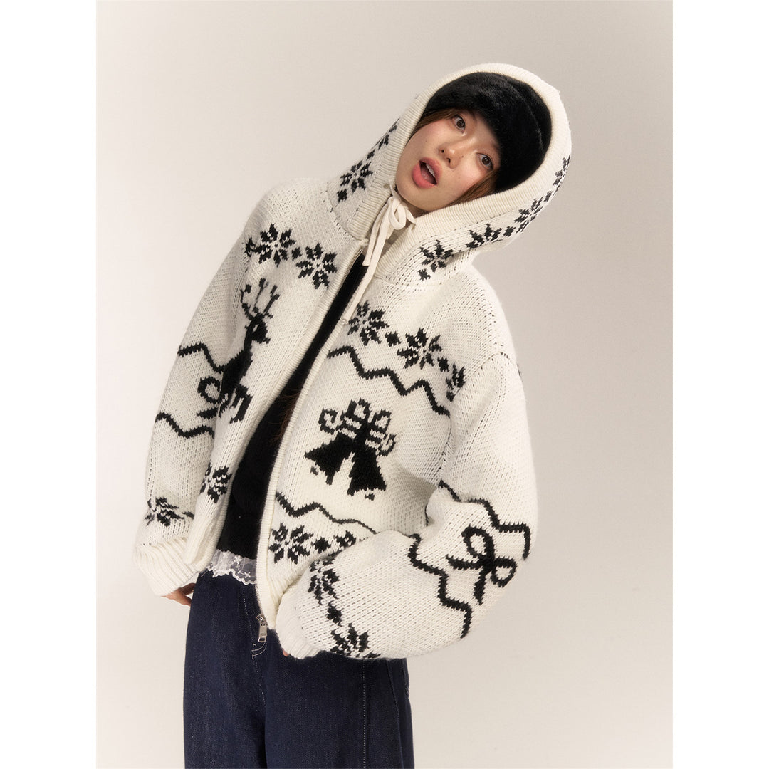 AsGony Fair Isle Moose Jacquard Retro Hooded Knit Cardigan White